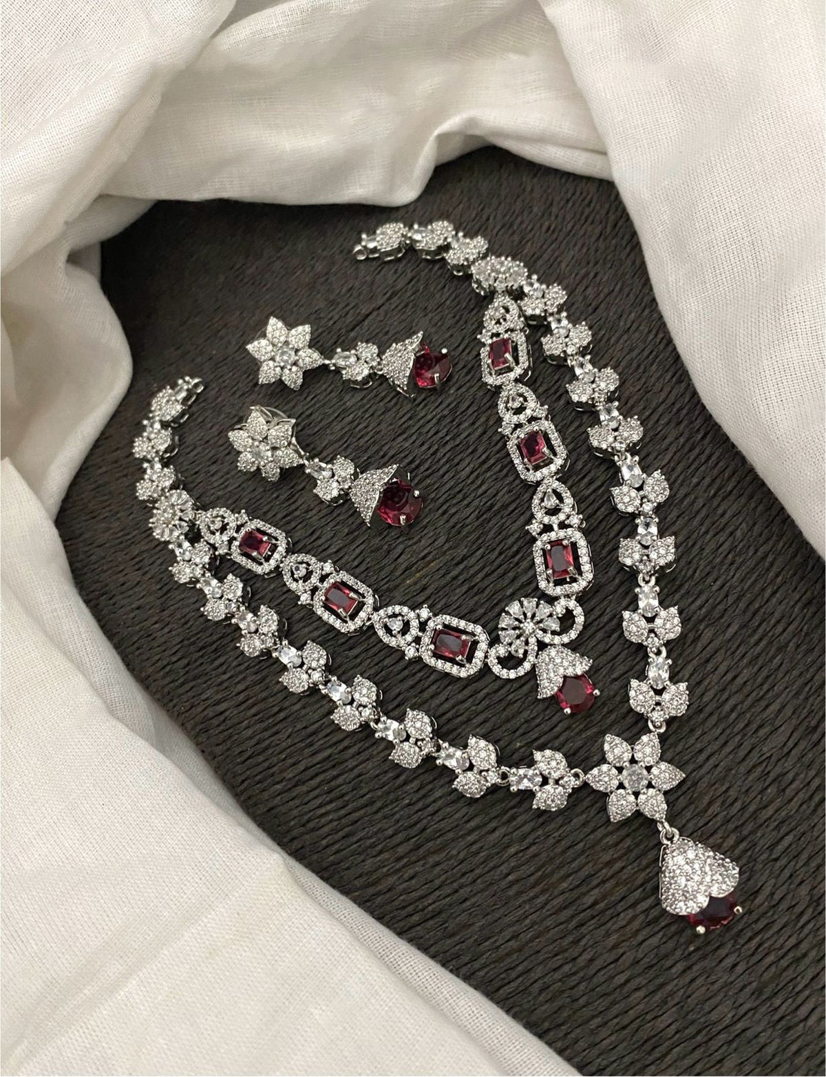 Pakistani Double Layered Floral AD Necklace Earring Set For Wedding - Libasaa.com