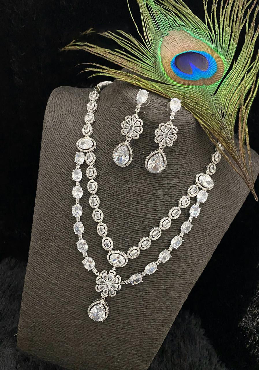 Punjabi Floral Double Layer CZ Statement Necklace Earring Set For Wedding - Libasaa.com