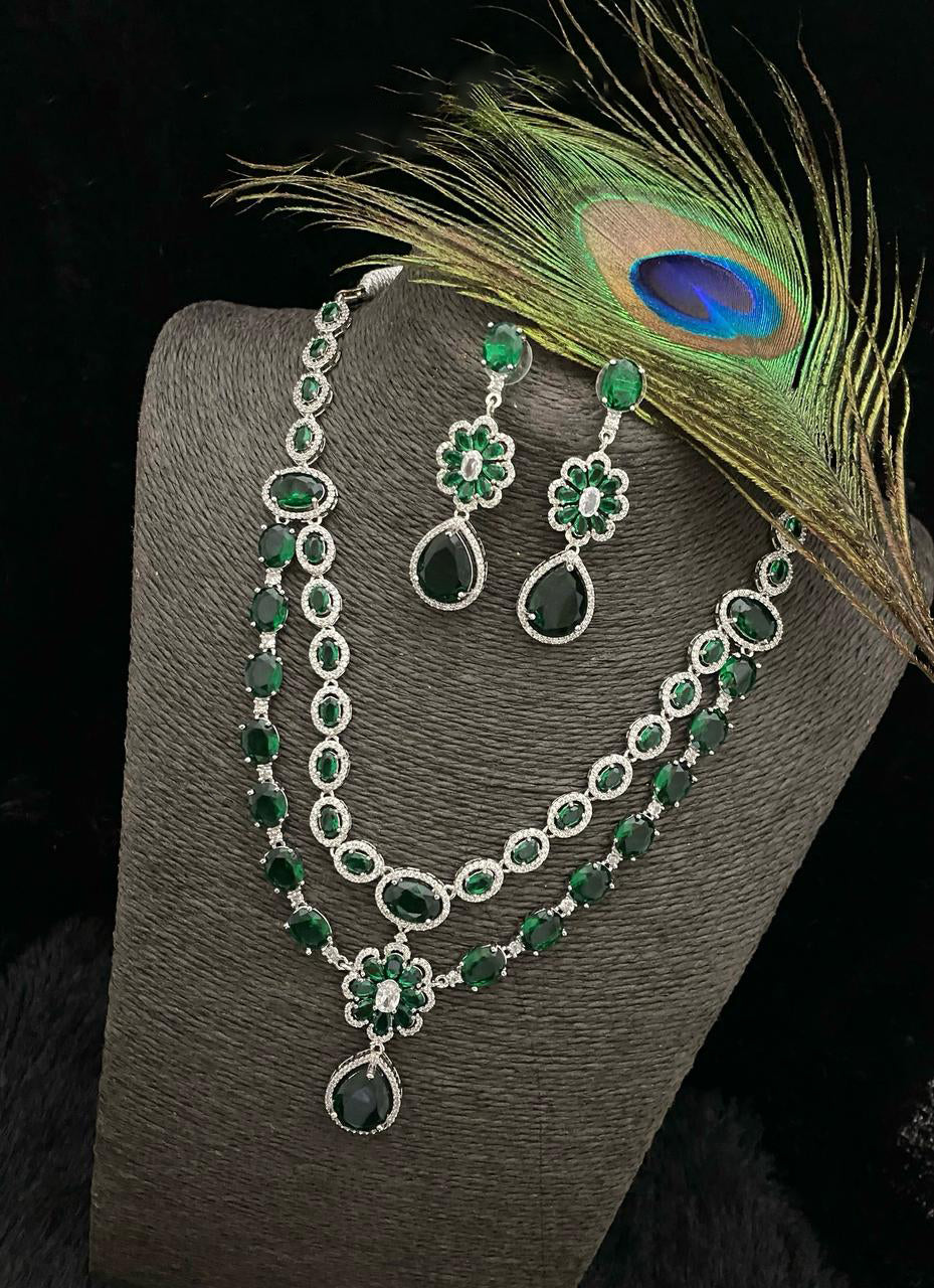 Punjabi Floral Double Layer CZ Statement Necklace Earring Set For Wedding - Libasaa.com