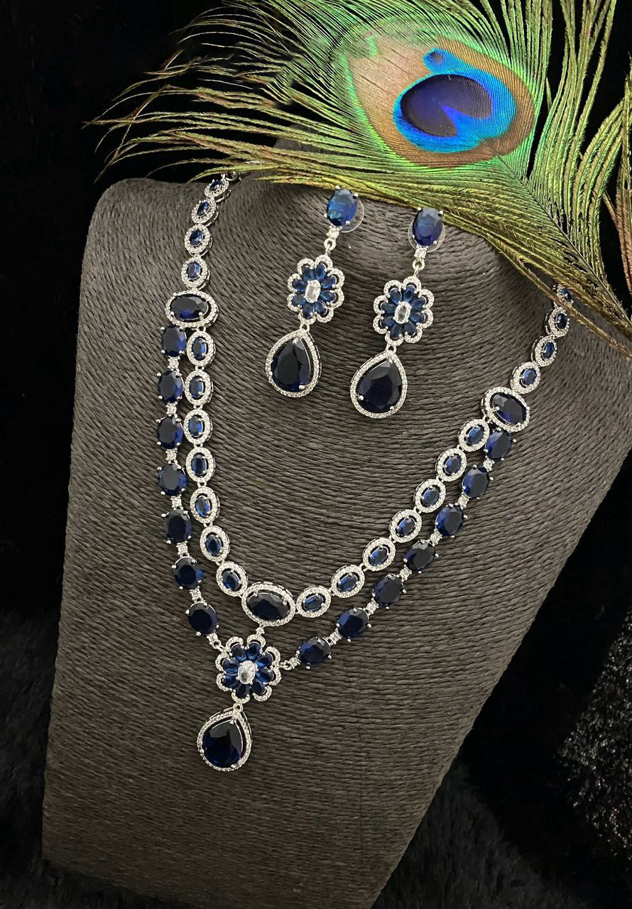 Punjabi Floral Double Layer CZ Statement Necklace Earring Set For Wedding - Libasaa.com