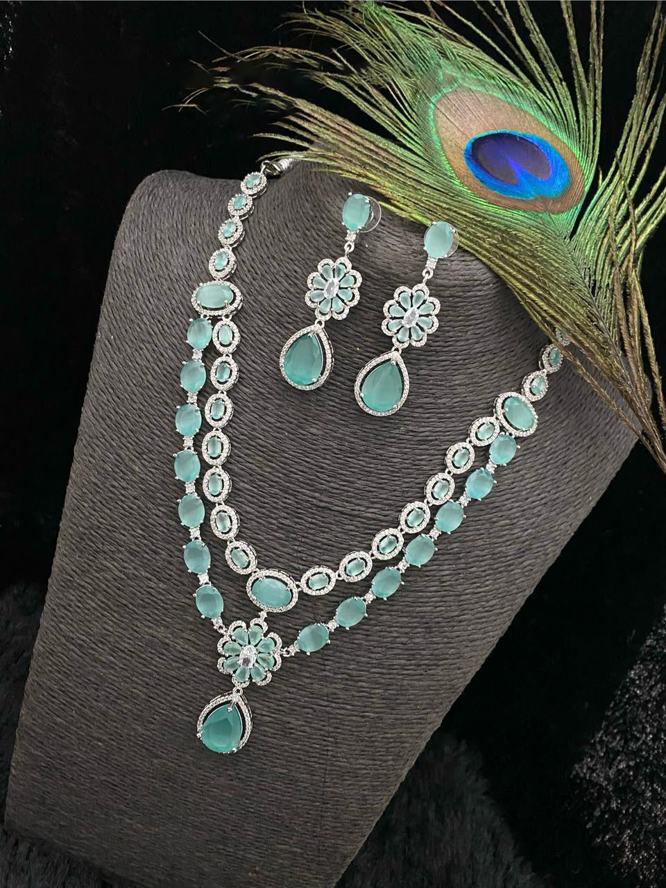 Punjabi Floral Double Layer CZ Statement Necklace Earring Set For Wedding - Libasaa.com