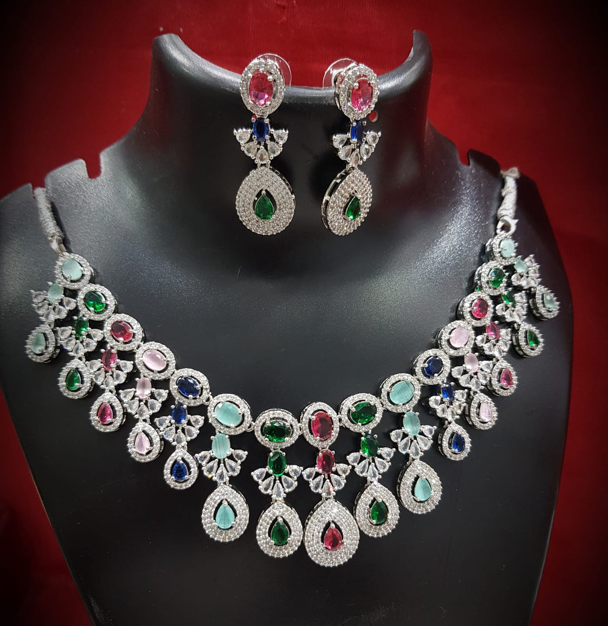 Floral Drop AD Choker Earring Set For Wedding - Libasaa.com