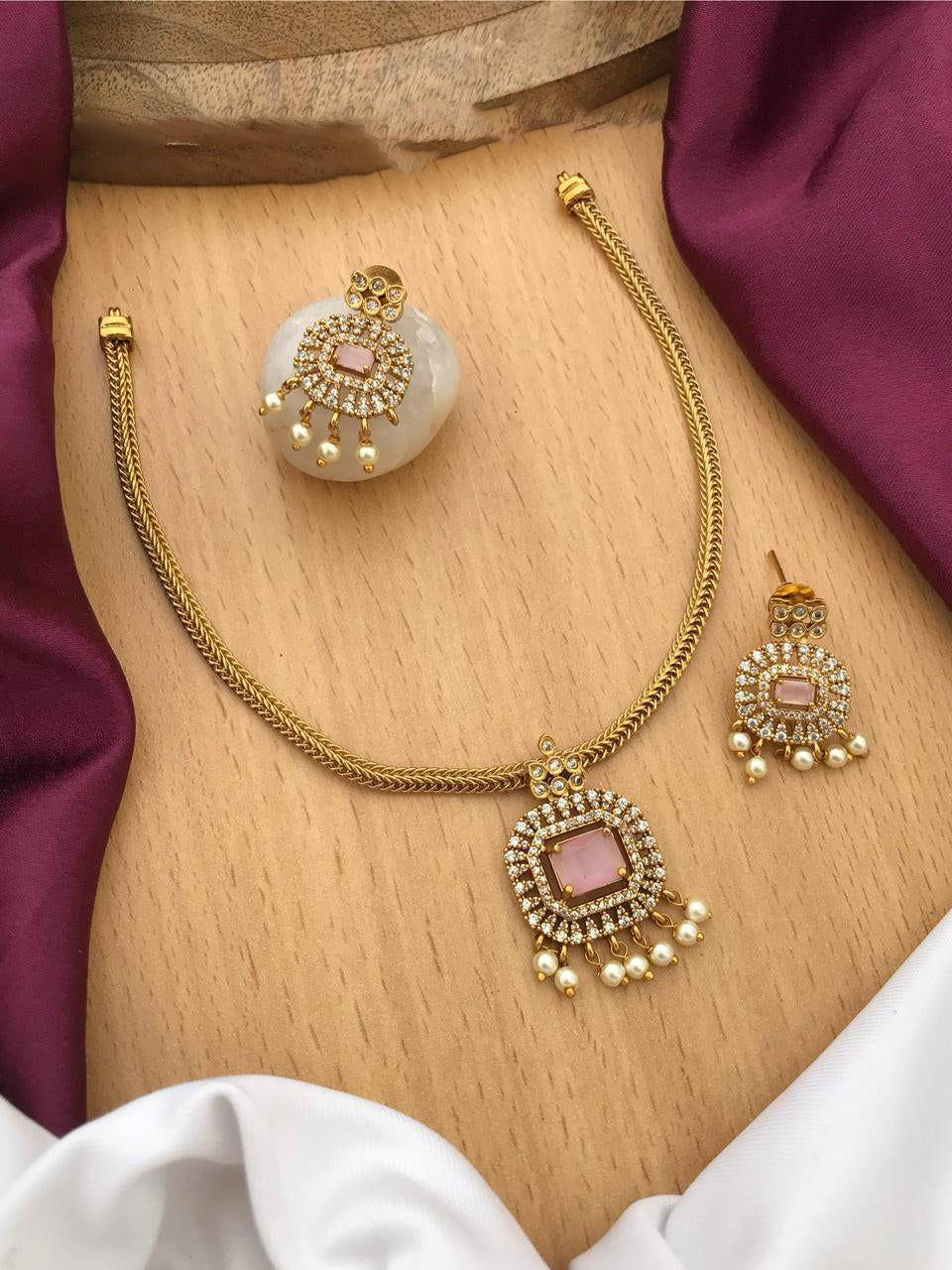 Rajsthani Handcrafted Gold Tone AD Necklace Earring Set For Wedding - Libasaa.com