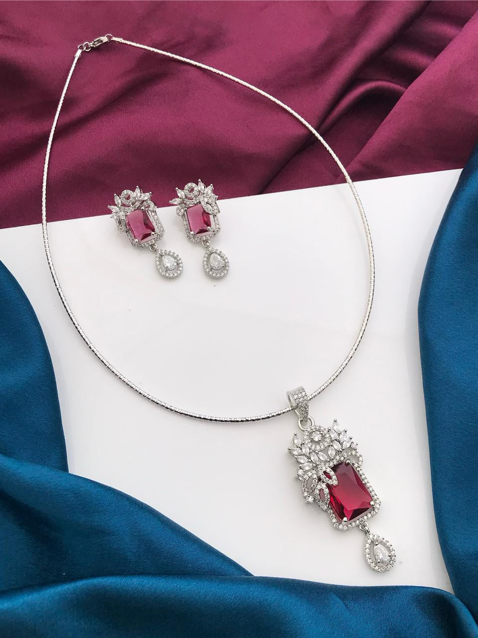 Silver Tone ADStatement Necklace Earring Set For Wedding - Libasaa.com