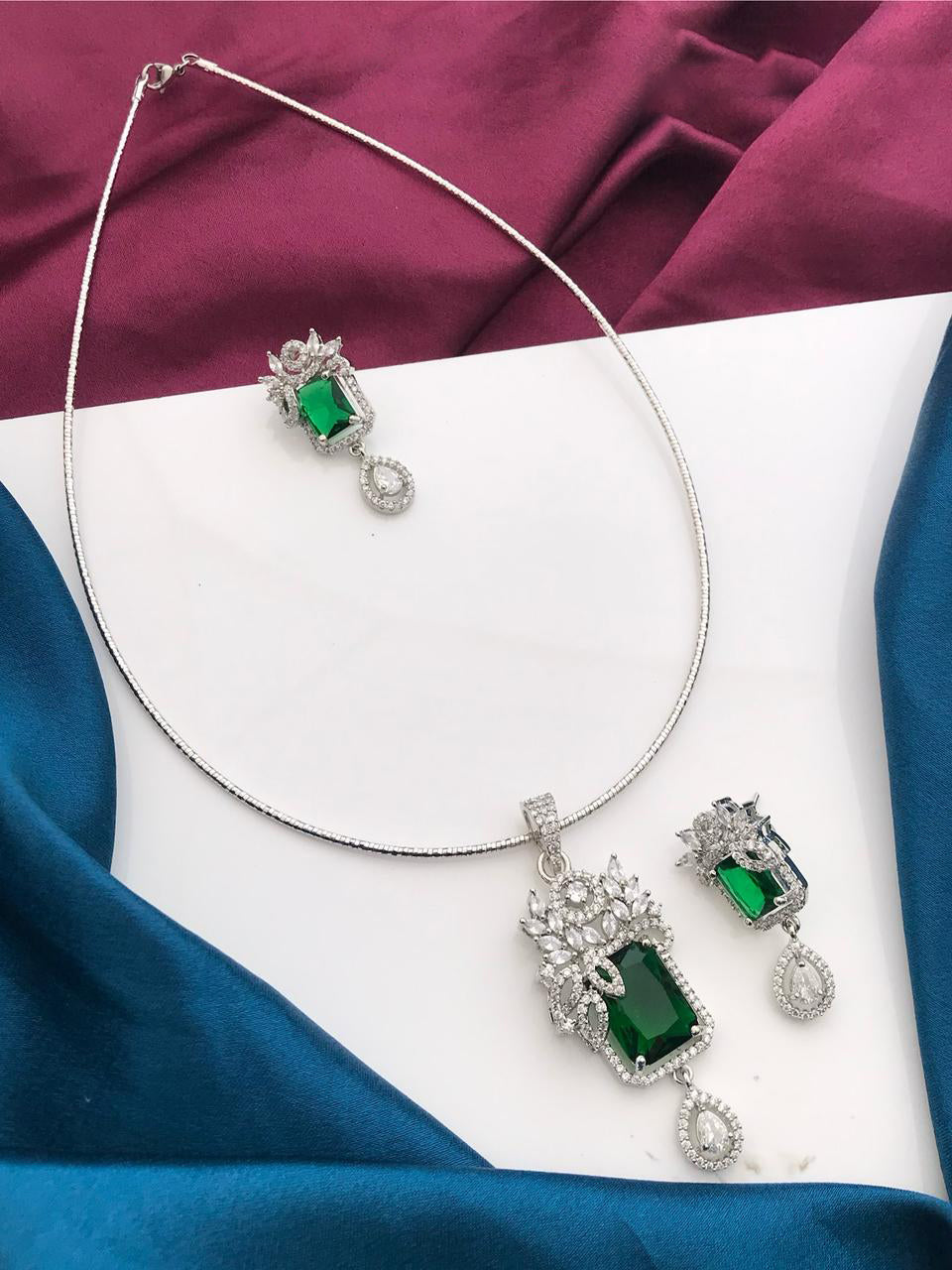 Silver Tone ADStatement Necklace Earring Set For Wedding - Libasaa.com