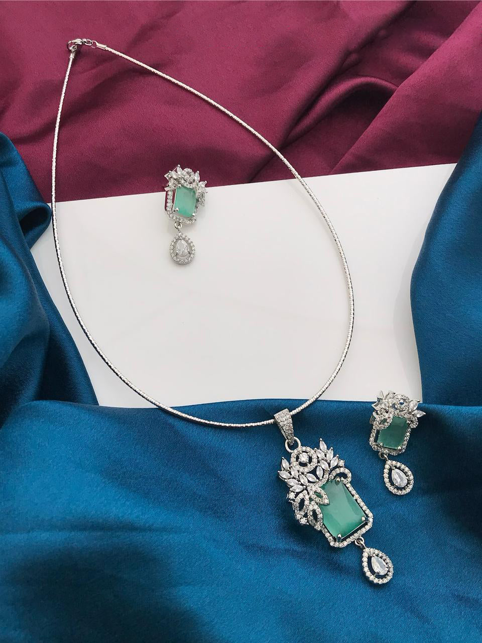 Silver Tone ADStatement Necklace Earring Set For Wedding - Libasaa.com