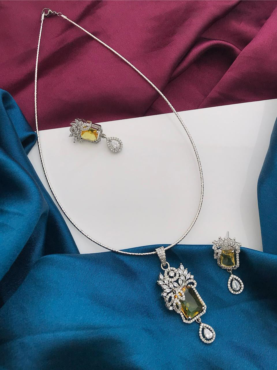 Silver Tone ADStatement Necklace Earring Set For Wedding - Libasaa.com