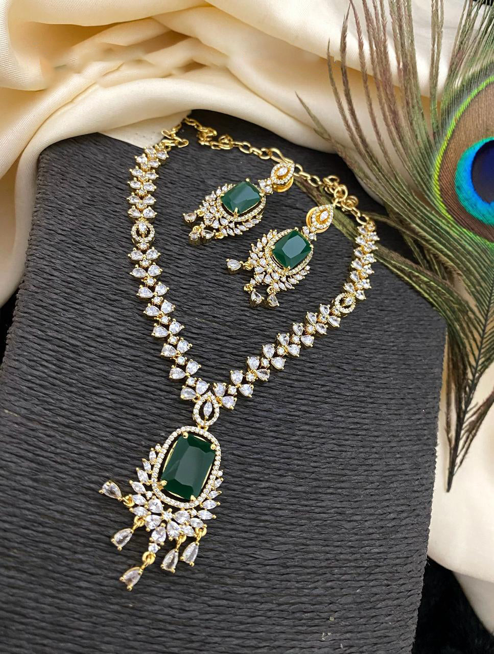Gold Plated Kundan AD Necklace Earring Set For Wedding - Libasaa.com