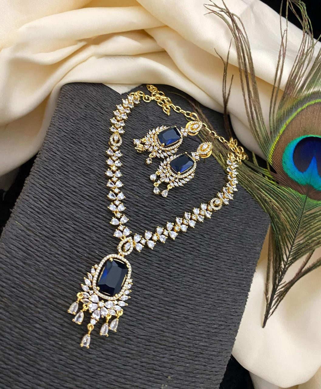 Gold Plated Kundan AD Necklace Earring Set For Wedding - Libasaa.com