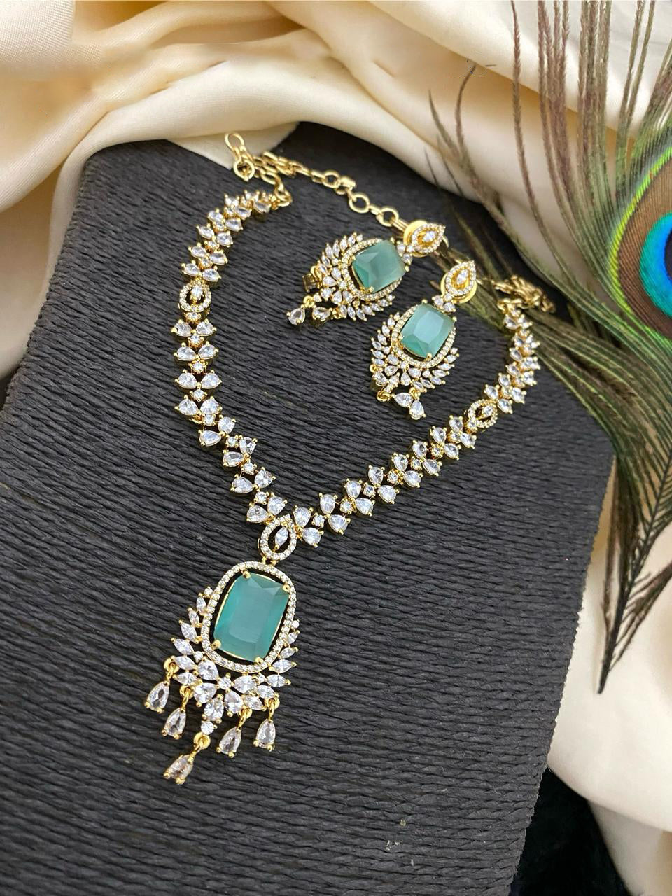 Gold Plated Kundan AD Necklace Earring Set For Wedding - Libasaa.com