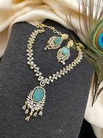 Gold Plated Kundan AD Necklace Earring Set For Wedding - Libasaa.com