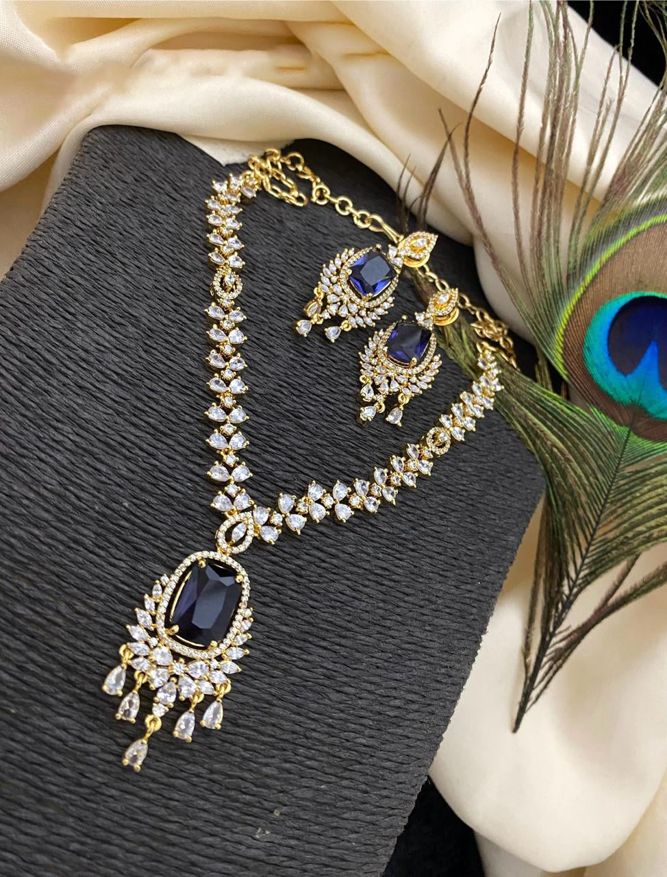 Gold Plated Kundan AD Necklace Earring Set For Wedding - Libasaa.com