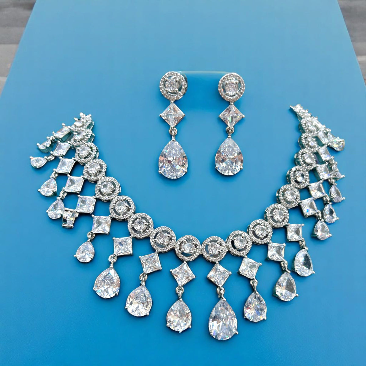 Wedding Drop Silver Finish AD Choker Earring Set For Women - Libasaa.com