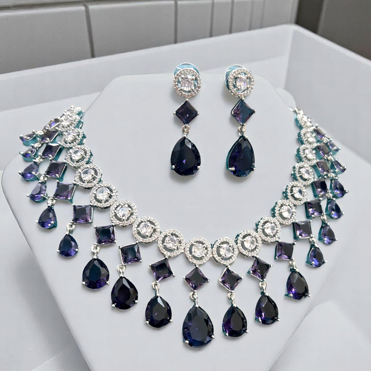 Wedding Drop Silver Finish AD Choker Earring Set For Women - Libasaa.com