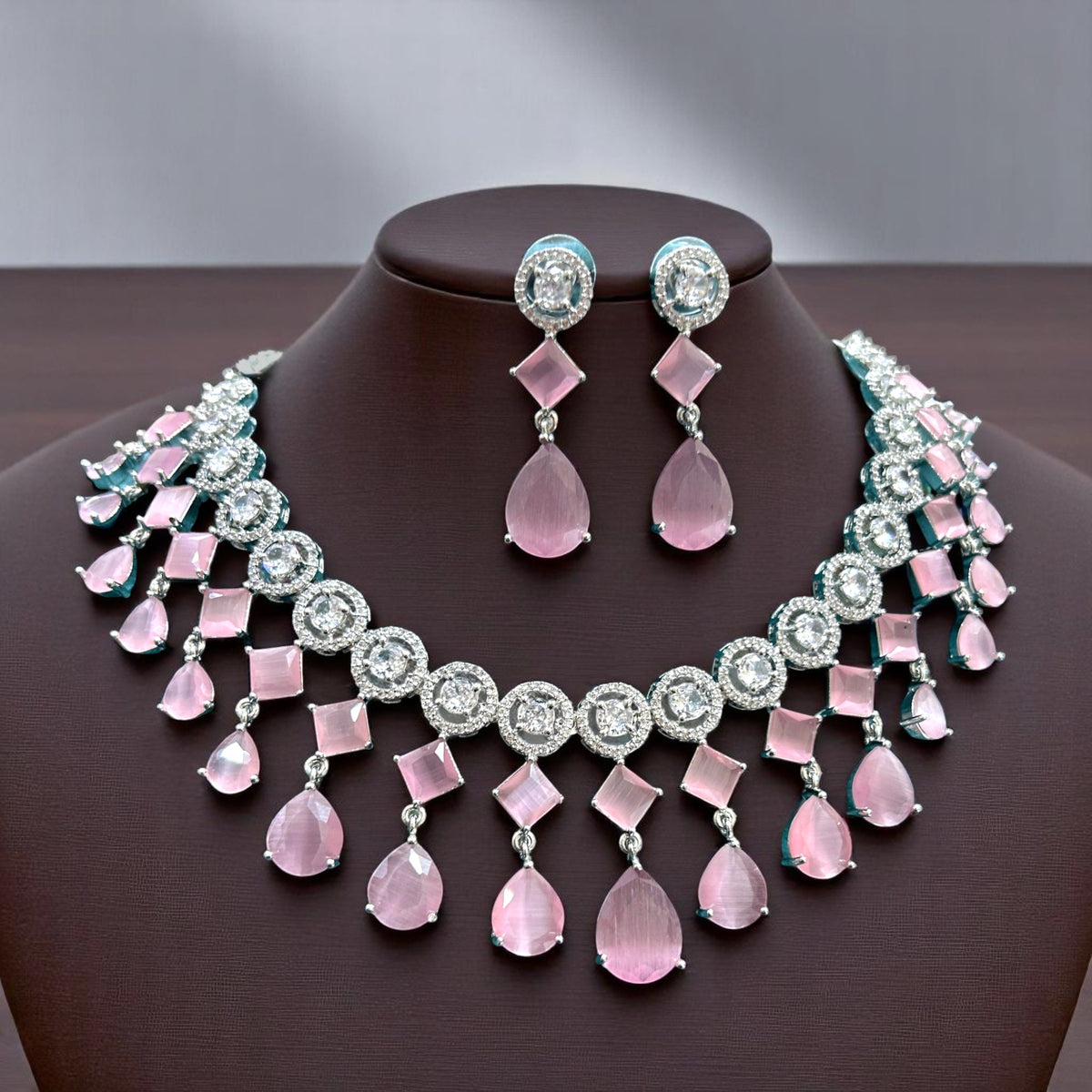 Wedding Drop Silver Finish AD Choker Earring Set For Women - Libasaa.com