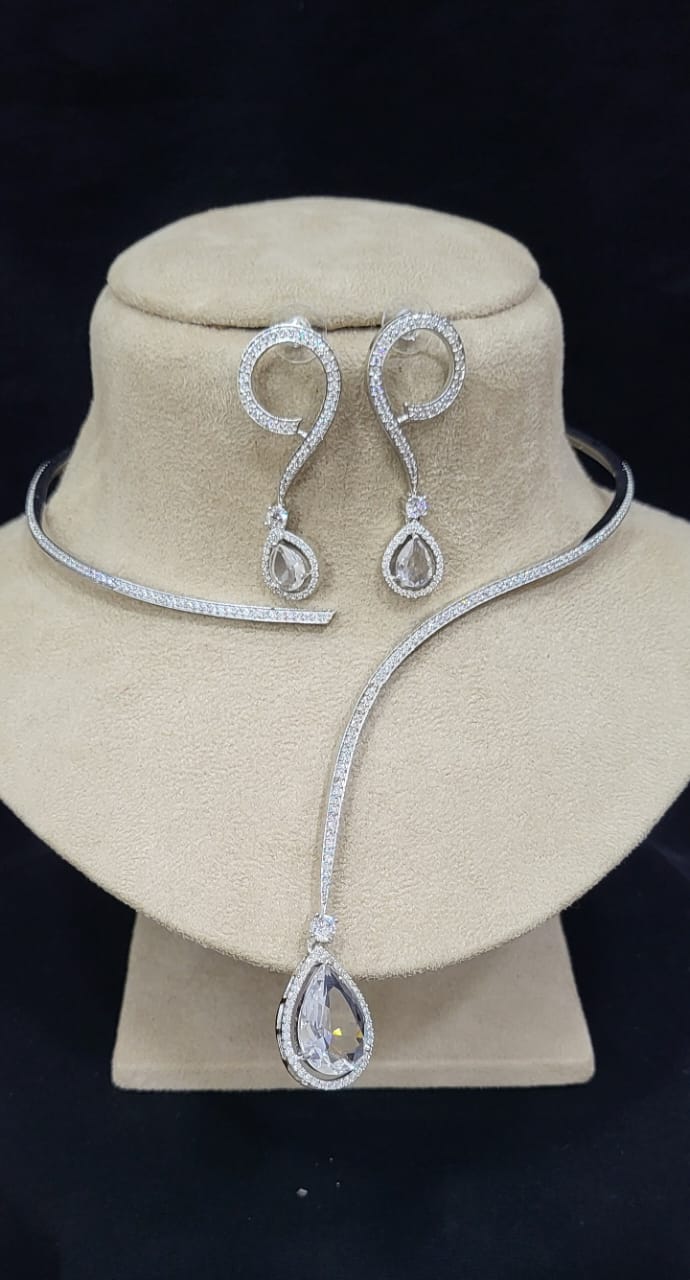 Indian Silver Plated American Diamond Stylish Necklace Earring Set For Wedding - Libasaa.com