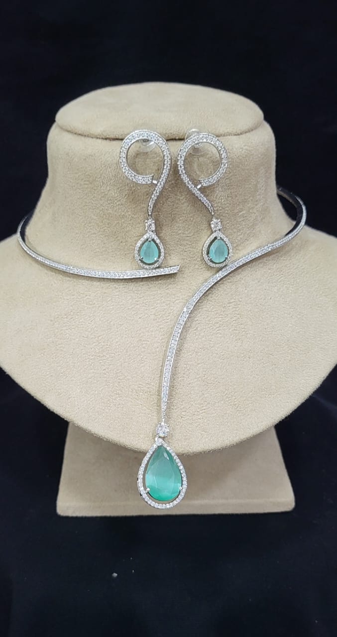 Indian Silver Plated American Diamond Stylish Necklace Earring Set For Wedding - Libasaa.com