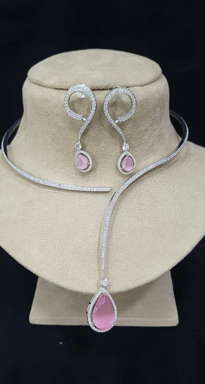 Indian Silver Plated American Diamond Stylish Necklace Earring Set For Wedding - Libasaa.com