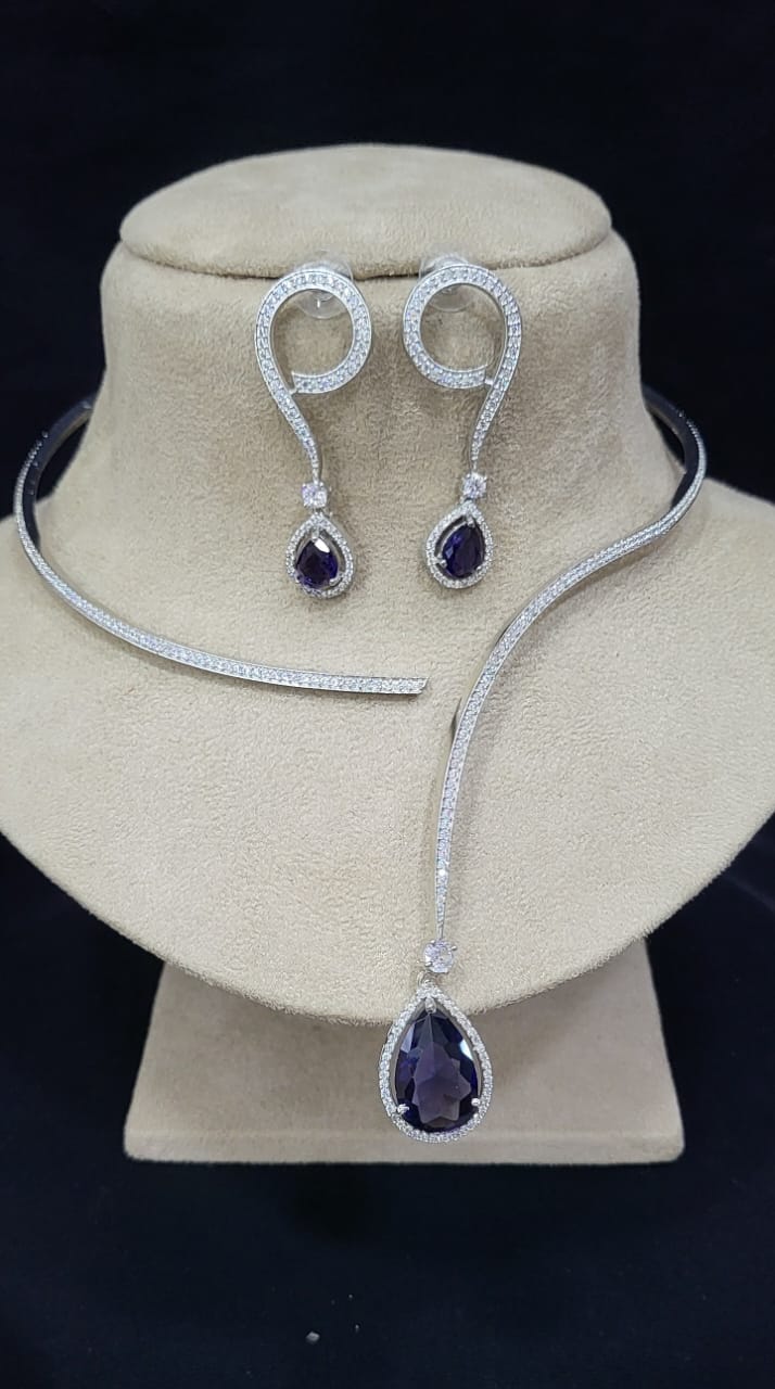 Indian Silver Plated American Diamond Stylish Necklace Earring Set For Wedding - Libasaa.com