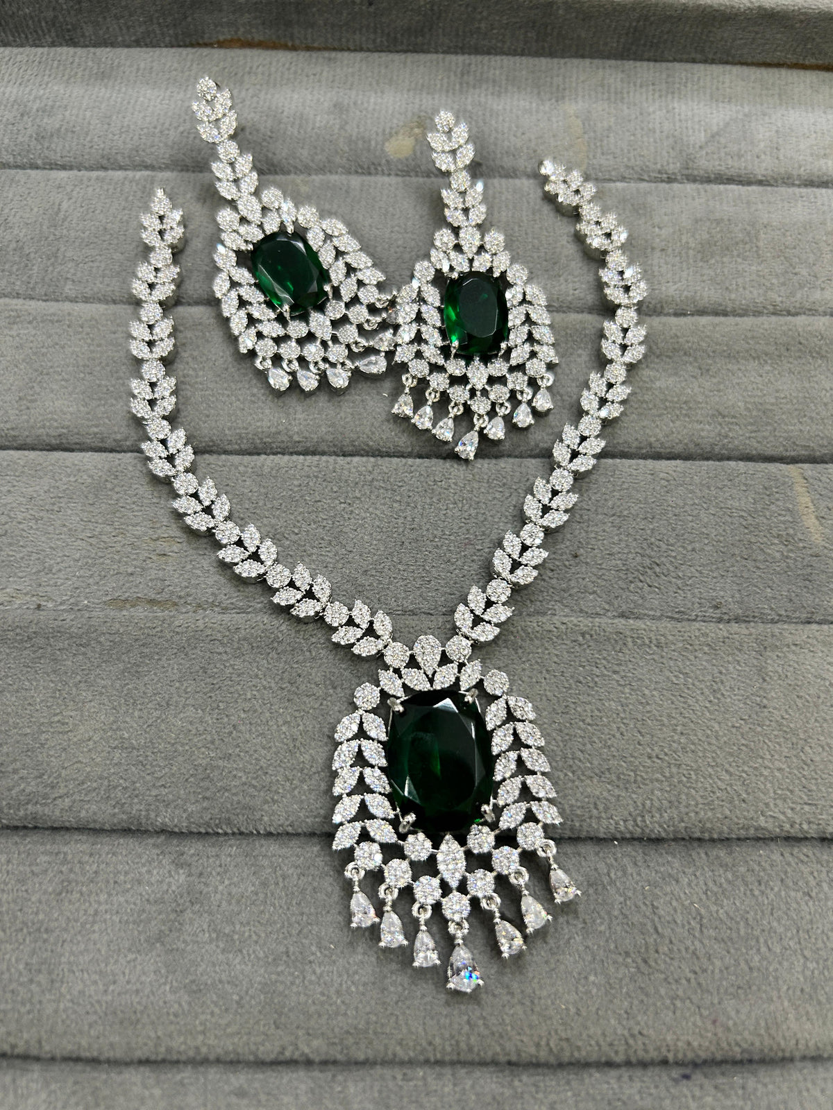 Indian Ethnic Silver Plated AD CZ Floral Necklace Earring Set For Wedding - Libasaa.com