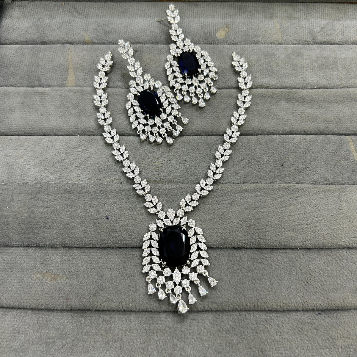 Indian Ethnic Silver Plated AD CZ Floral Necklace Earring Set For Wedding - Libasaa.com