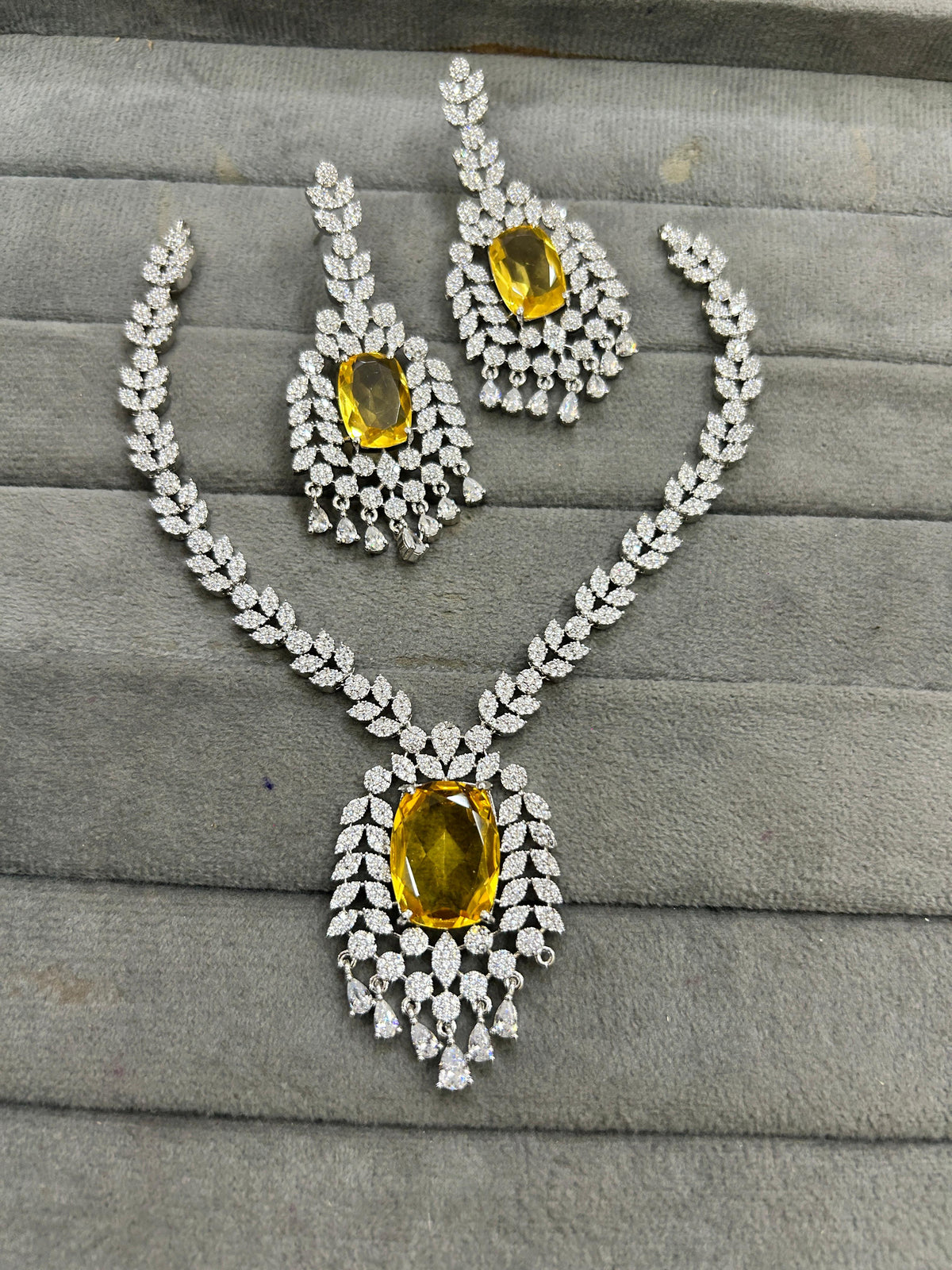 Indian Ethnic Silver Plated AD CZ Floral Necklace Earring Set For Wedding - Libasaa.com