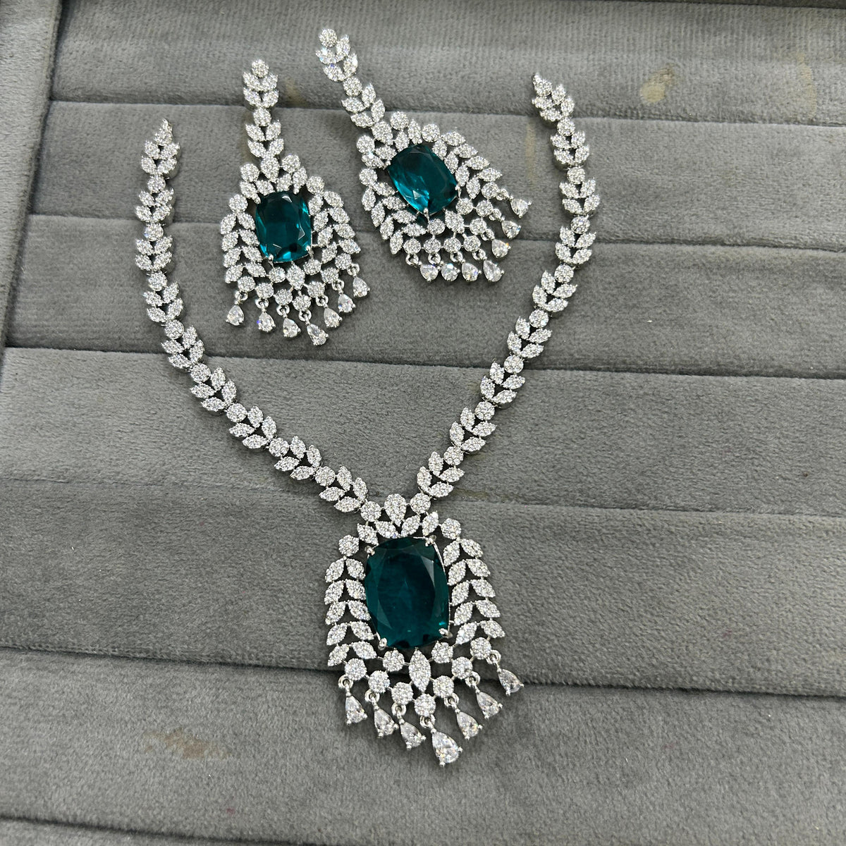 Indian Ethnic Silver Plated AD CZ Floral Necklace Earring Set For Wedding - Libasaa.com