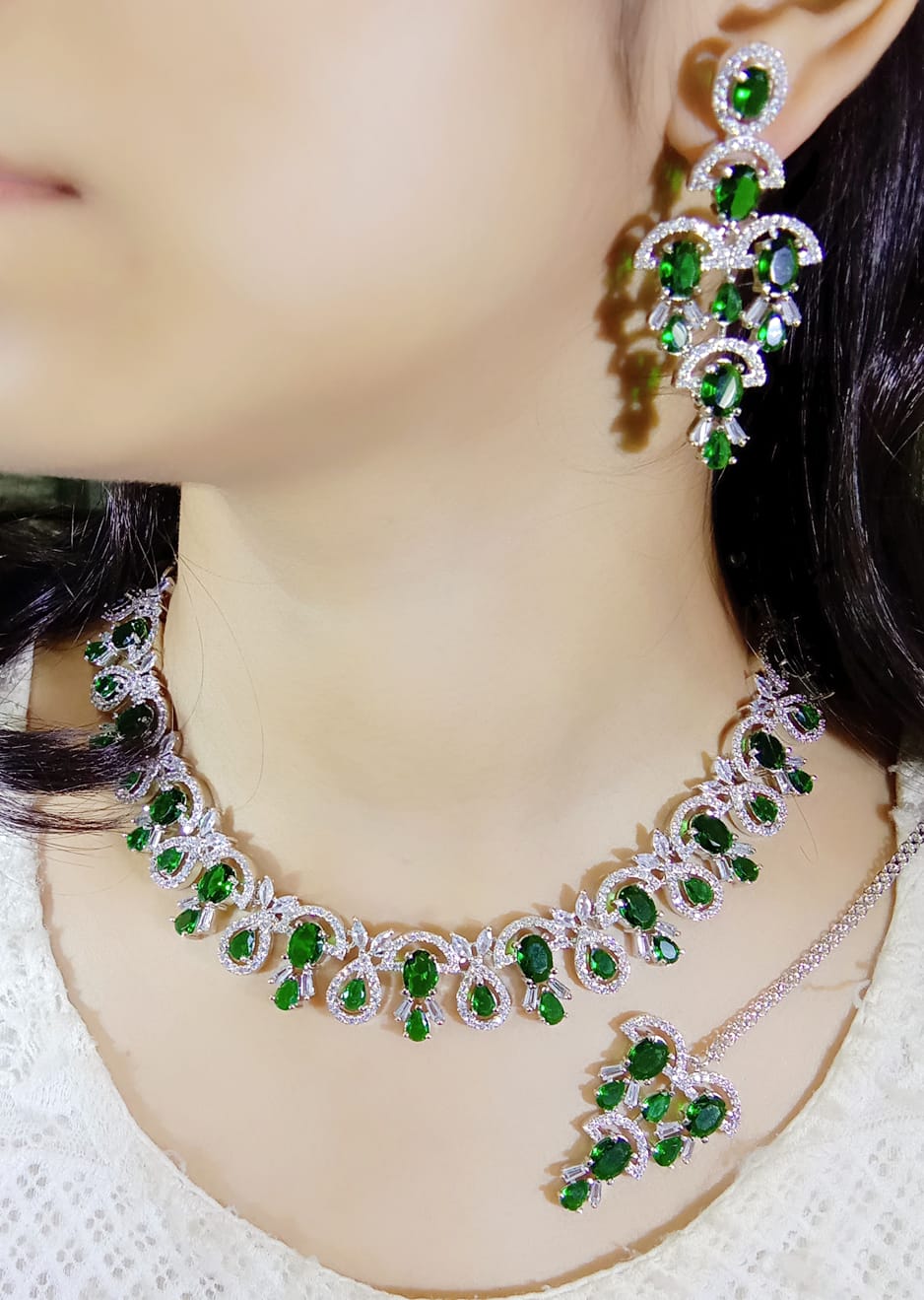 Pakistani Ethnic Floral Silver Plated CZ Choker Earring Mangtikka Set For Bridal Wedding - Libasaa.com