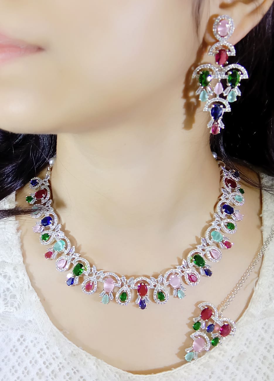 Pakistani Ethnic Floral Silver Plated CZ Choker Earring Mangtikka Set For Bridal Wedding - Libasaa.com