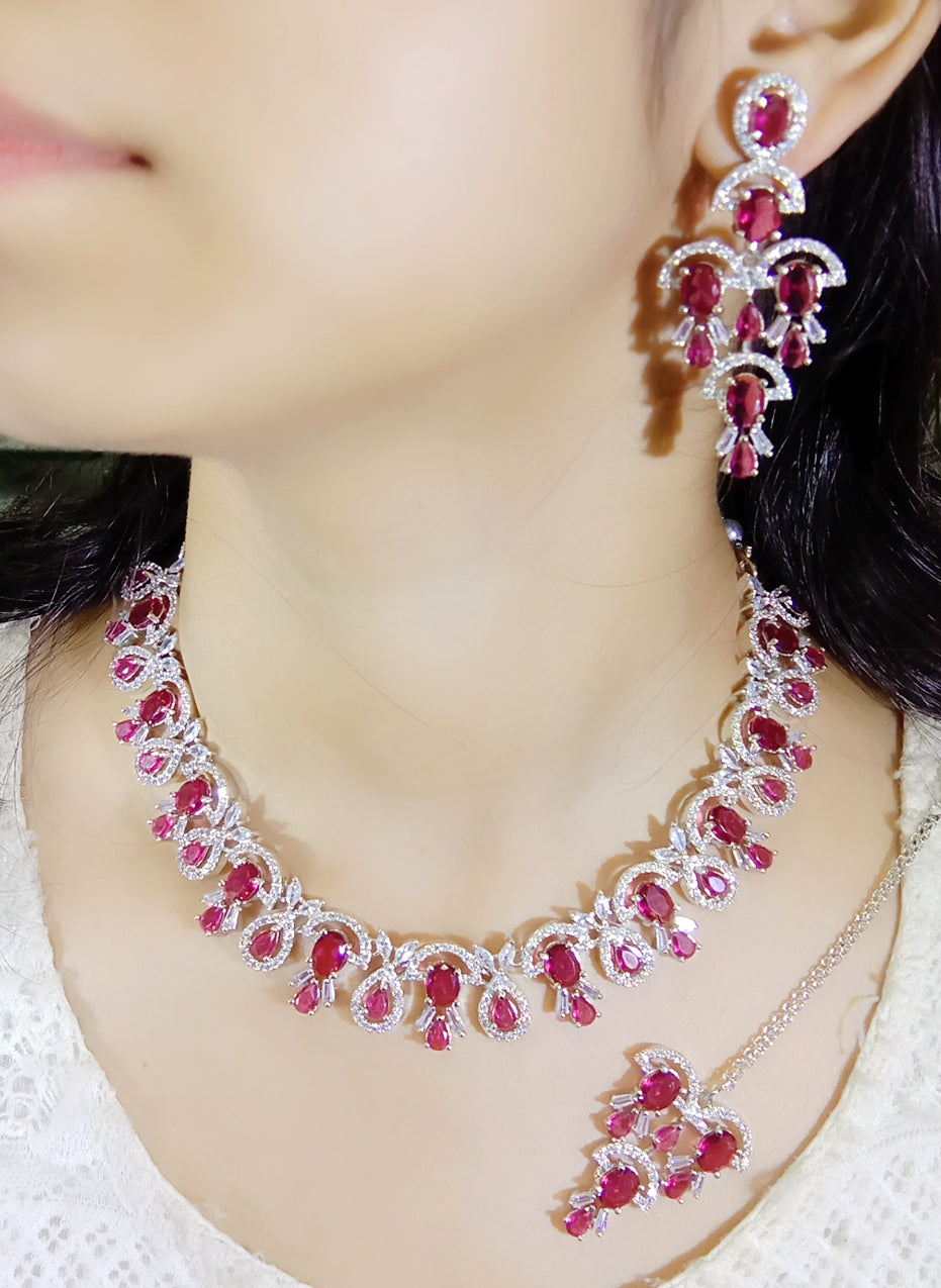 Pakistani Ethnic Floral Silver Plated CZ Choker Earring Mangtikka Set For Bridal Wedding - Libasaa.com