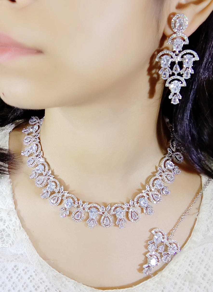 Pakistani Ethnic Floral Silver Plated CZ Choker Earring Mangtikka Set For Bridal Wedding - Libasaa.com