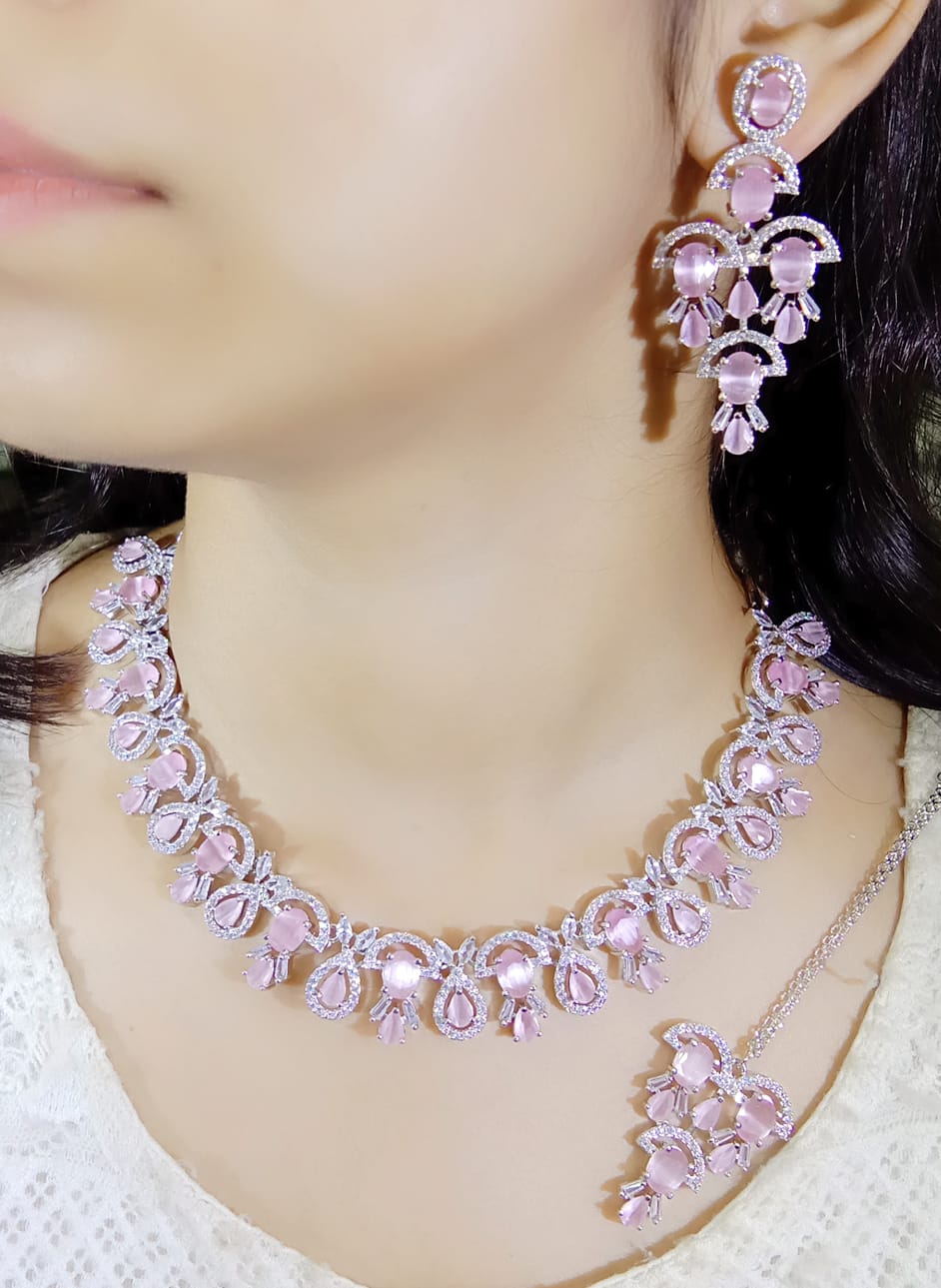 Pakistani Ethnic Floral Silver Plated CZ Choker Earring Mangtikka Set For Bridal Wedding - Libasaa.com