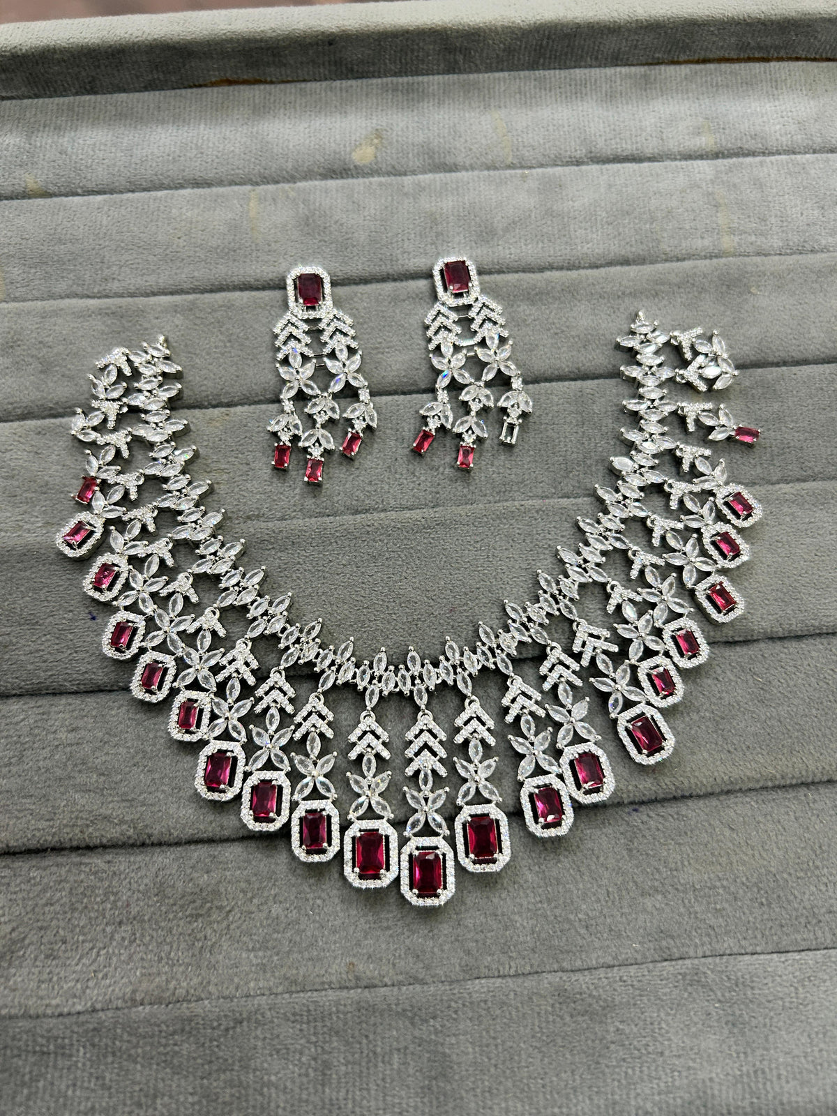 Wedding Silver Plated Layered American Dimond Floral Choker Earring Set - Libasaa.com
