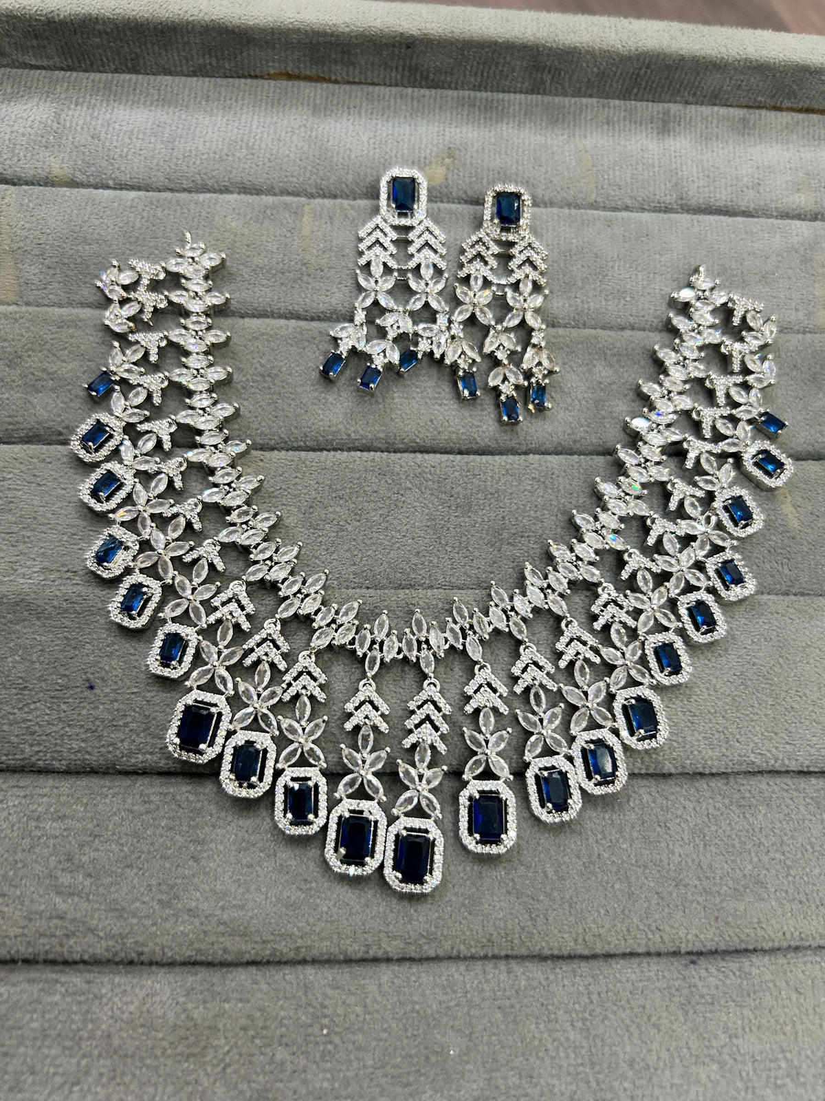 Wedding Silver Plated Layered American Dimond Floral Choker Earring Set - Libasaa.com