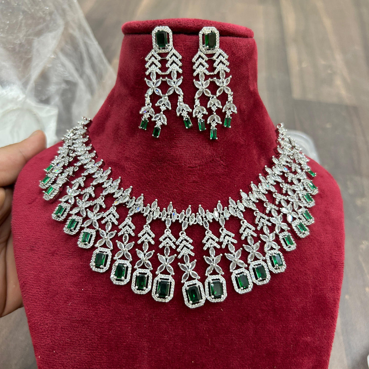 Wedding Silver Plated Layered American Dimond Floral Choker Earring Set - Libasaa.com