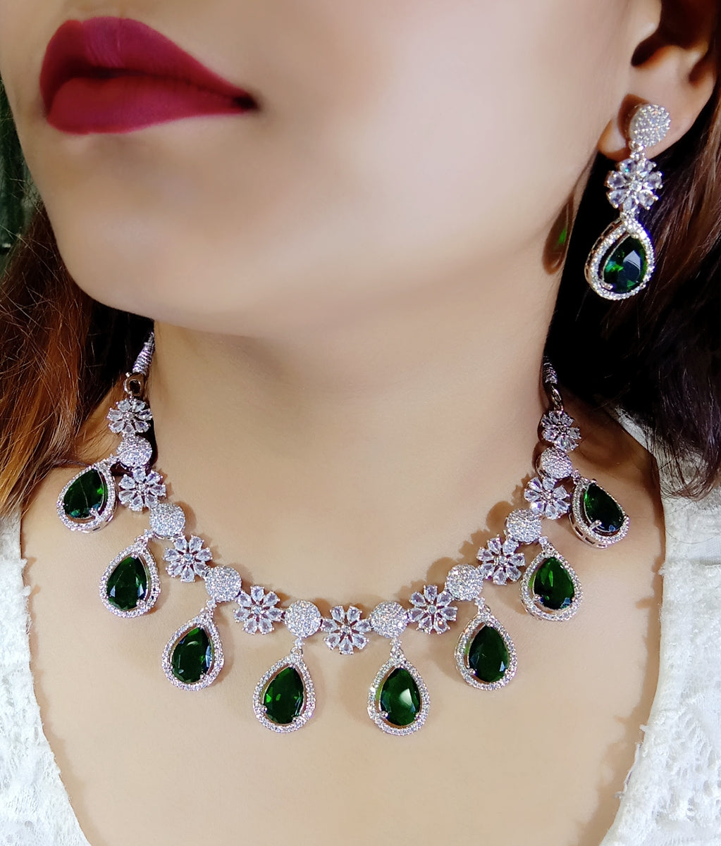Indian Floral Teardrop Design AD CZ Silver Plated Choker Earring Set Indian Jewelry - Libasaa.com