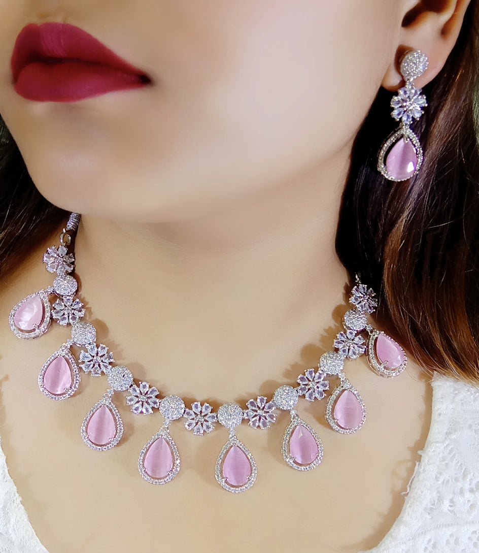Indian Floral Teardrop Design AD CZ Silver Plated Choker Earring Set Indian Jewelry - Libasaa.com