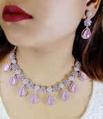 Indian Floral Teardrop Design AD CZ Silver Plated Choker Earring Set Indian Jewelry - Libasaa.com