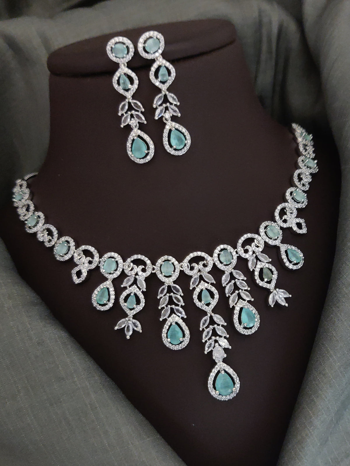 Indian Silver Plated CZ Multi Layer Necklace Earring Set For Wedding - Libasaa.com
