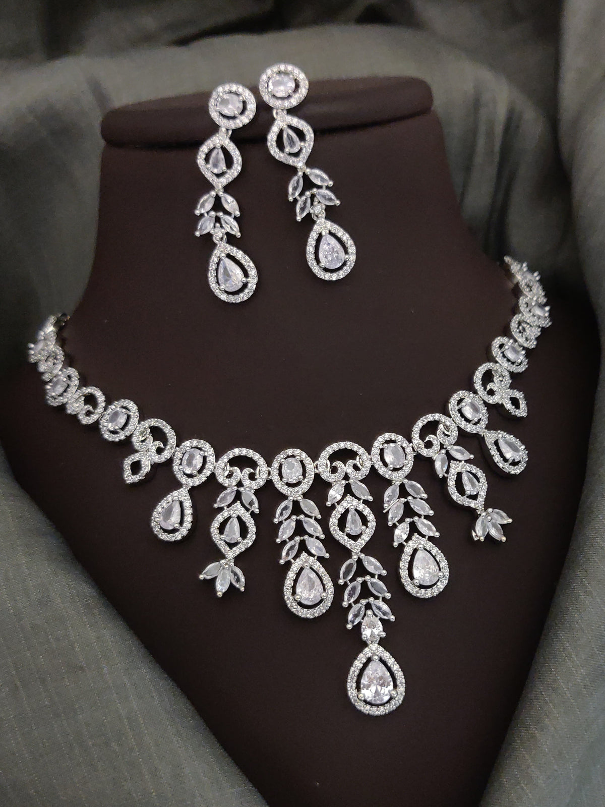 Indian Silver Plated CZ Multi Layer Necklace Earring Set For Wedding - Libasaa.com