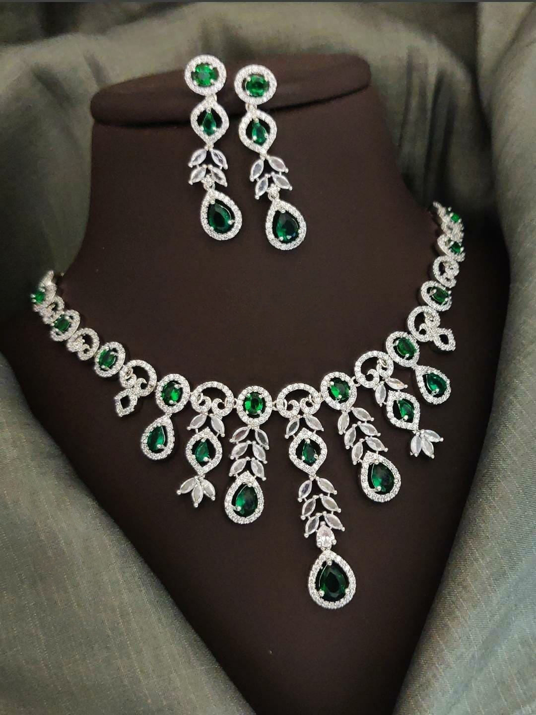 Indian Silver Plated CZ Multi Layer Necklace Earring Set For Wedding - Libasaa.com