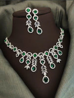 Indian Silver Plated CZ Multi Layer Necklace Earring Set For Wedding - Libasaa.com
