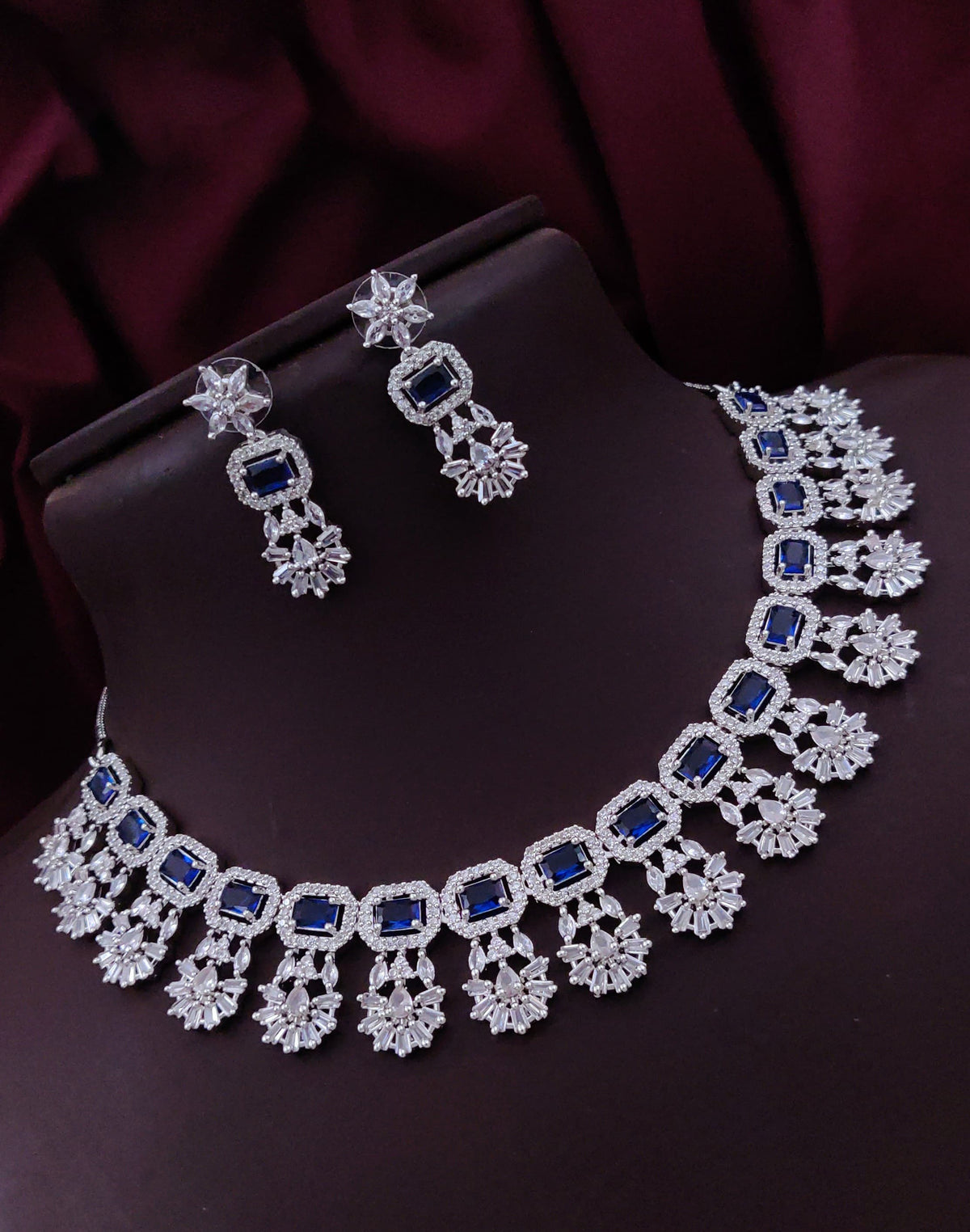 Punjabi Silver Plated Flower Design AD CZ Choker Earring Set Indian Jewelry - Libasaa.com