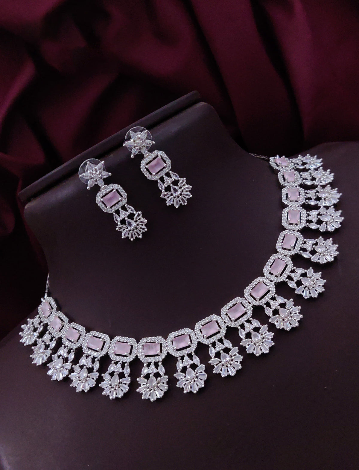 Punjabi Silver Plated Flower Design AD CZ Choker Earring Set Indian Jewelry - Libasaa.com