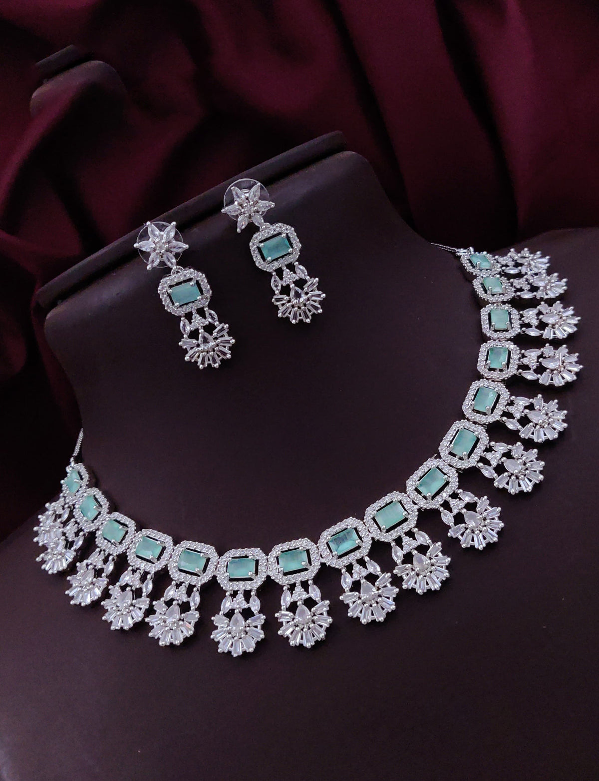 Punjabi Silver Plated Flower Design AD CZ Choker Earring Set Indian Jewelry - Libasaa.com