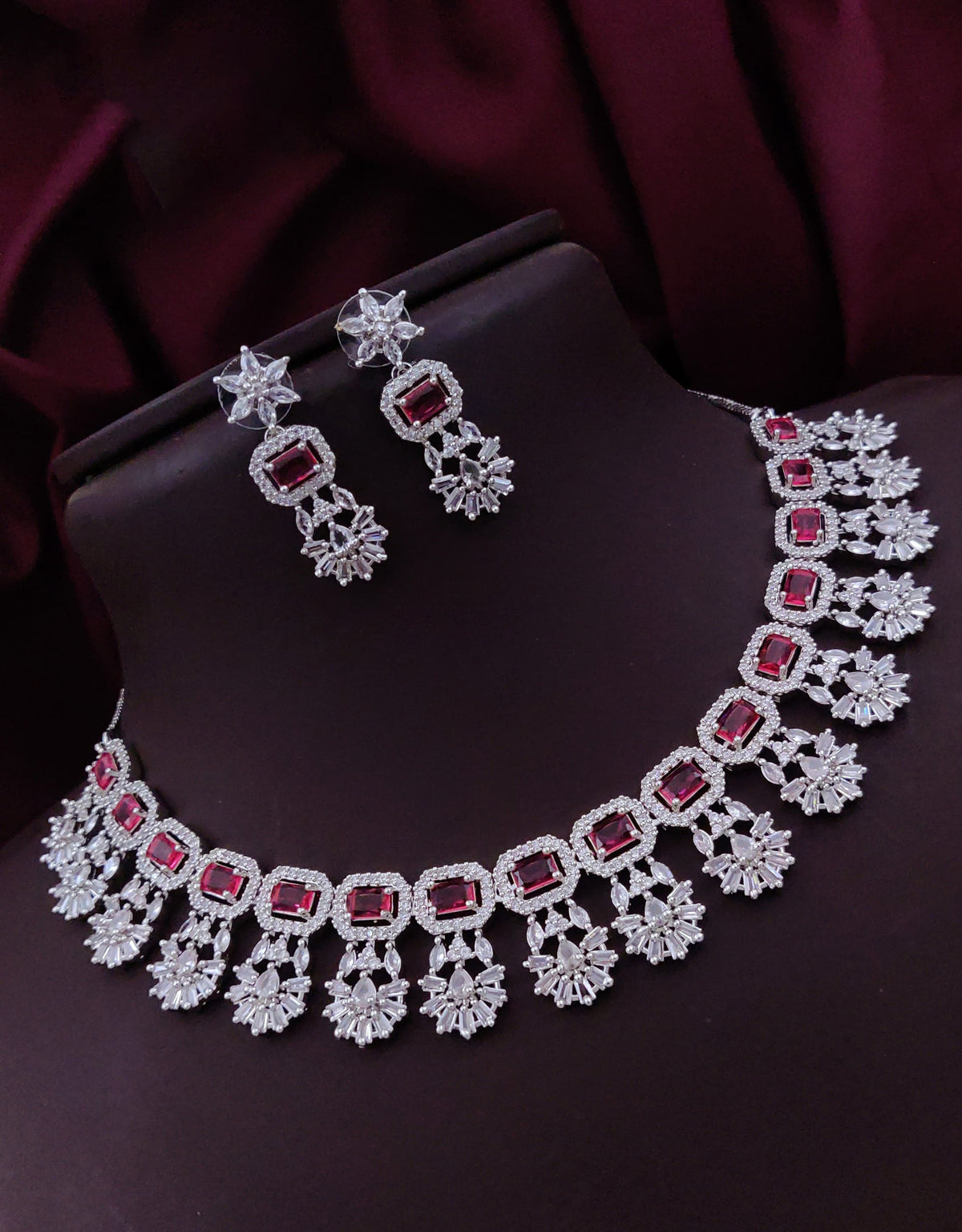 Punjabi Silver Plated Flower Design AD CZ Choker Earring Set Indian Jewelry - Libasaa.com