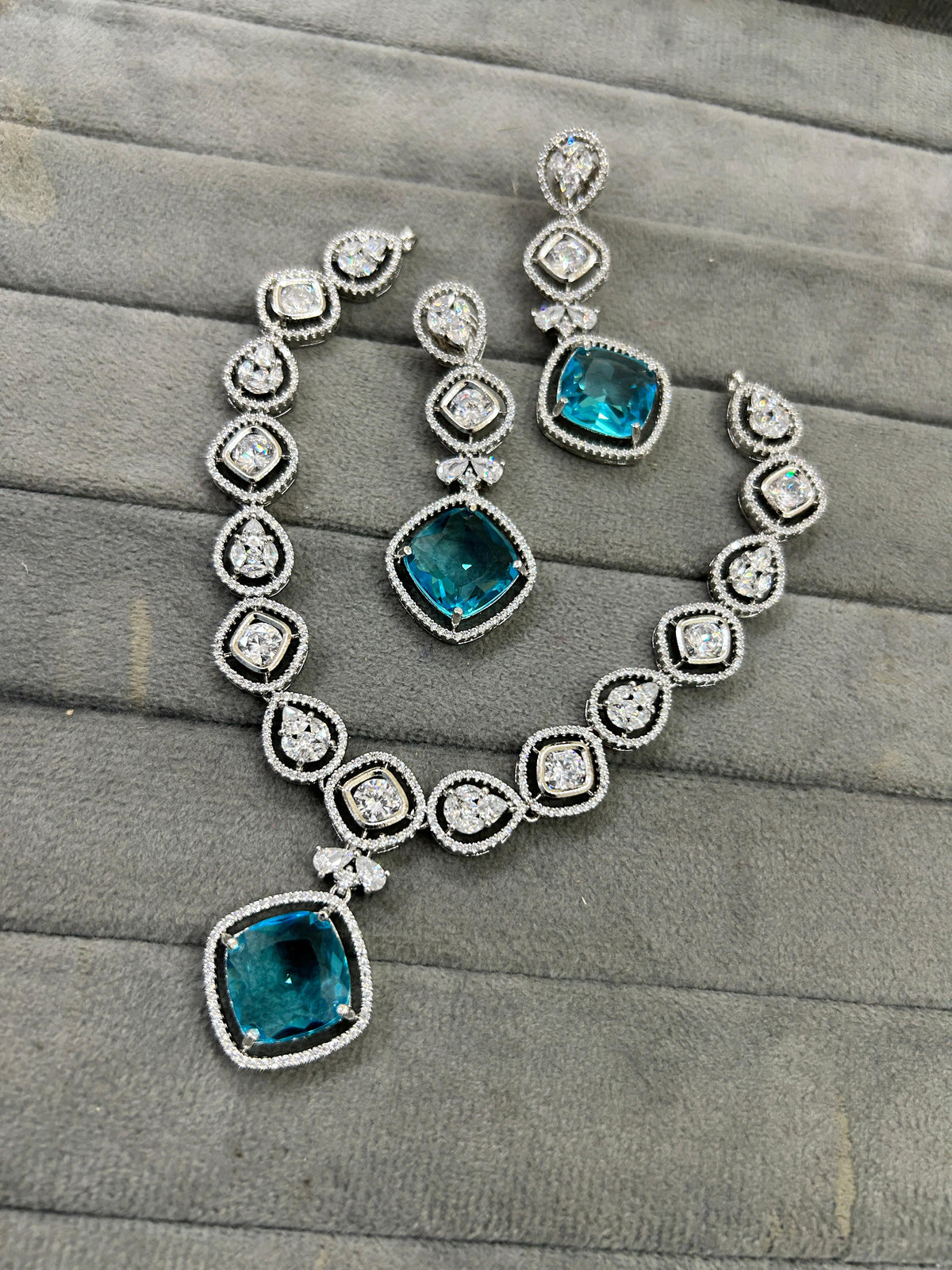 Bollywood Wedding American Diamond Silver Plated Necklace Earring Set - Libasaa.com