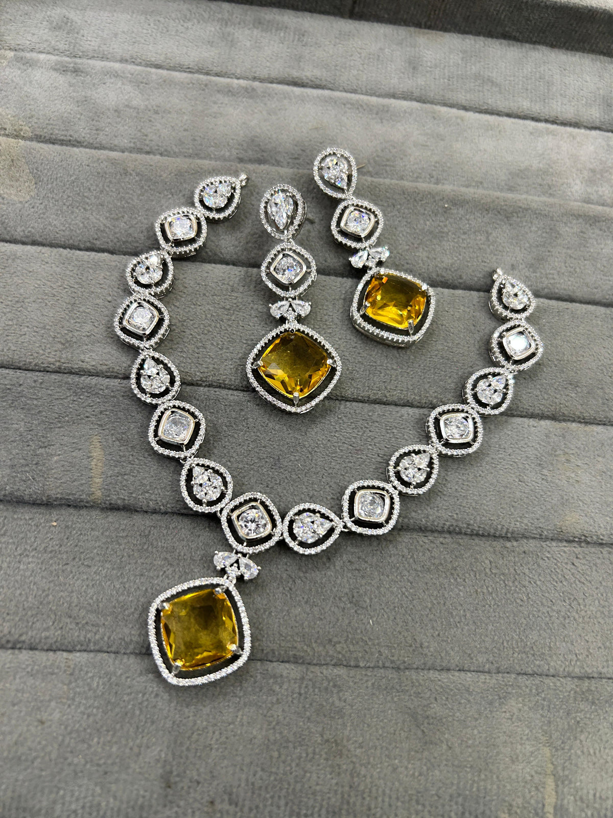 Bollywood Wedding American Diamond Silver Plated Necklace Earring Set - Libasaa.com