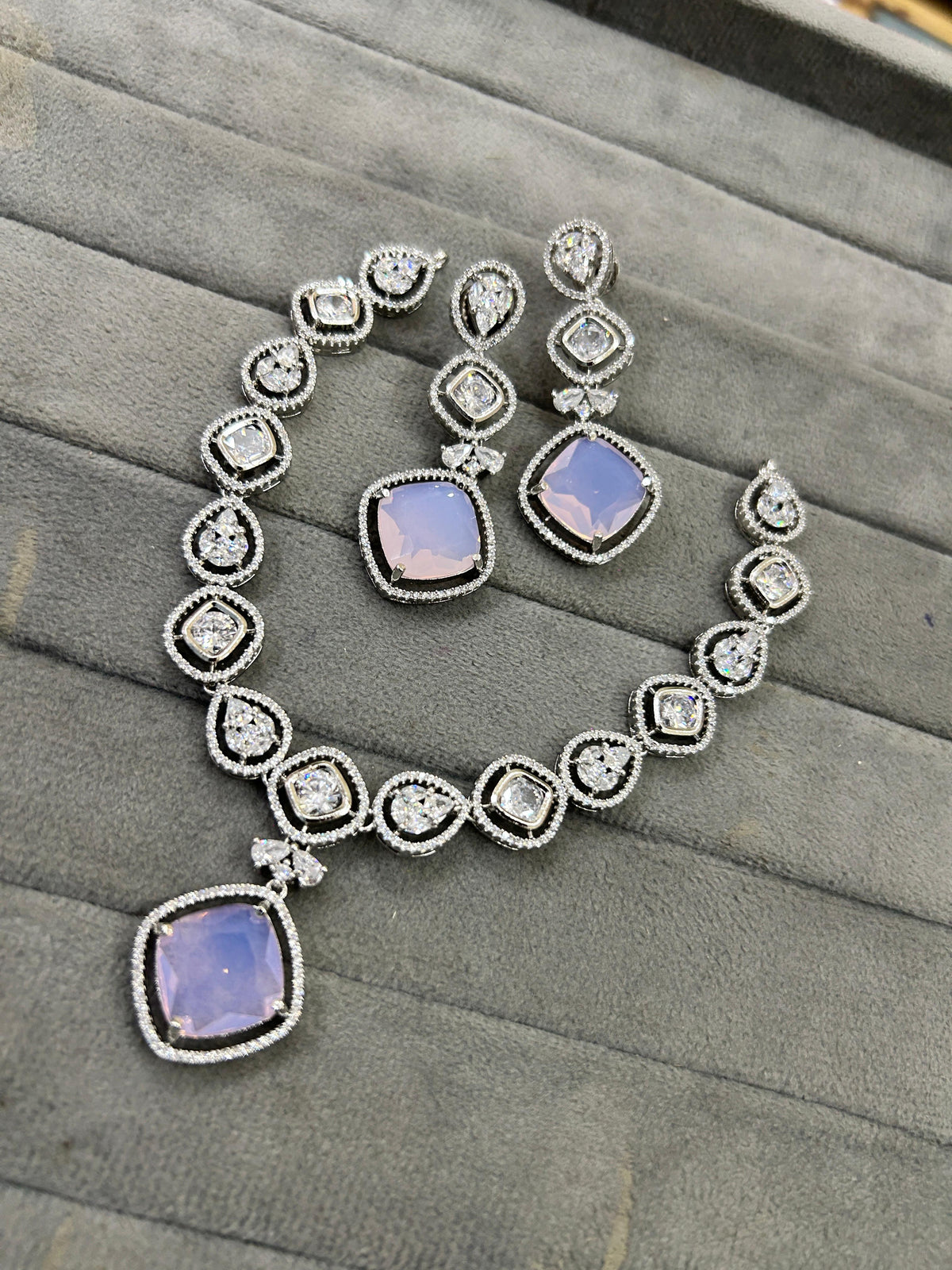 Bollywood Wedding American Diamond Silver Plated Necklace Earring Set - Libasaa.com