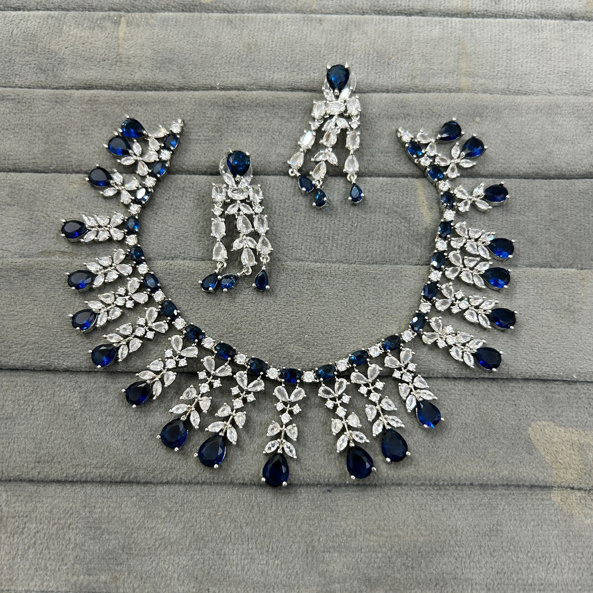 Silver Tone CZ AD Flower Design Bridal Choker Earring Set For Wedding - Libasaa.com